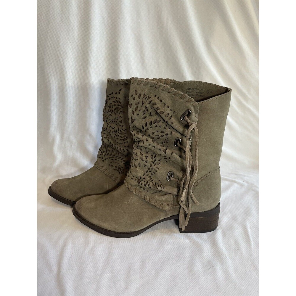 Suede Ankle Casual Cowboy Style Boots, Zipper & Fringe, Light Army Green